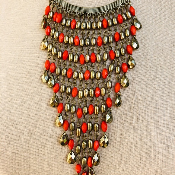 Statement Gold tone & Orange Bib Necklace - Picture 2 of 7